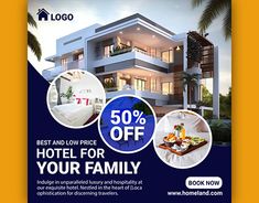 a hotel advertise with photos and text on the front, including an image of a house