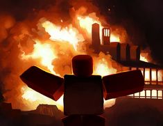 a lego man standing in front of a fire filled building with his arms spread out