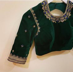 Hand embroidered ready made velvet saree blouse / crop top/stitched saree blouse usa /green saree blouse/ hand embroidered blouse/zardosi blouse/velvet saree blouse/ pure silk blouse/ bottle green velvet maggam work blouse        It is very true that a perfect blouse is the one which makes your saree look stand out !! If you find one of such a style that you have been wanting to have then dont let it go !! we carry such unique trending blouses that instantly add a stylish look to any saree !! Green Embroidered Velvet Traditional Wear, Green Velvet Traditional Wear For Festivals, Velvet Blouse Pattern, Velvet Hand Embroidery, Zardosi Blouse, Bottle Green Saree, Hand Embroidery Blouse, Ready Made Blouse, Maggam Blouse