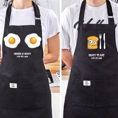 two pictures of an apron with eggs and bacon on it, one has the same face