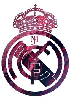 the real madrid logo with a crown on it's head in purple and black