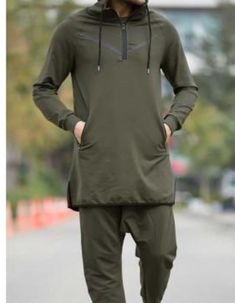 QL LD Longline Tracksuit with Drop Crotch Jogger Sirwal in Khaki Tracksuit Mockup, Muslim Streetwear, Celana Jogger, Muslim Style, Mens Kurta Designs, Indian Men Fashion, Kurta Pajama, Islamic Clothing