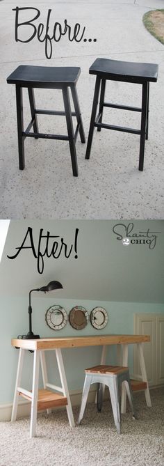 before and after photos of a table with stools