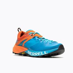 a blue and orange shoe with the word merrella on it