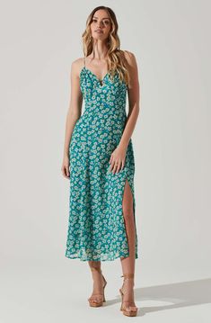 Floral Ruched Bust Midi Dress Midi Ruched Dress, Green Slip Dress, Effortless Outfit, Garden Party Dress, Midi Slip Dress, Halter Midi Dress, Ruched Midi Dress, Teal Dress, Statement Dress