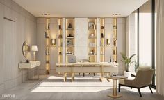 a living room filled with furniture and lots of shelves next to a wall covered in books