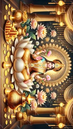 an artistic painting with gold and white flowers on the wall, depicting lord ganesha