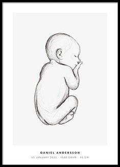 a black and white drawing of a baby sitting on its back with the words, danielle anderson