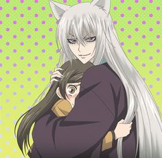 an anime character hugging another character with long hair