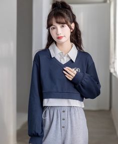 Blue Two-Piece Illusion Collared Sweatshirt M Fashion Chingu, Blue Two Piece, Yellow Sweatshirt, Collared Sweatshirt, Korean Outfits, Crop Sweatshirt, Grey Sweatshirt, Printed Sweatshirts, Preppy Style