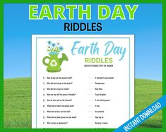 the earth day riddles game is shown in front of a green field and blue sky