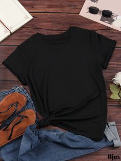 Bjux - Womens Plus Size Casual T-Shirt with Turtle and Letter Print, Featuring Short Sleeves, Round Neck, and Slight Stretch Fabric Basic Solid Stretch T-shirt, Basic Stretch T-shirt In Solid Color, Basic Stretch Solid Color T-shirt, Black Solid Color T-shirt For Summer, Black T-shirt For Summer, Simple Solid Color Short Sleeve T-shirt, Stretch Solid T-shirt With Letter Print, Stretch T-shirt With Letter Print, Solid Color Stretch T-shirt With Letter Print