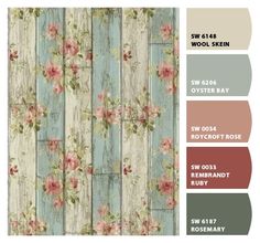 the color scheme for wood planks with pink flowers on blue and green background is shown