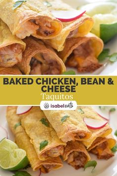 baked chicken, bean and cheese burritos on a plate with lime wedges