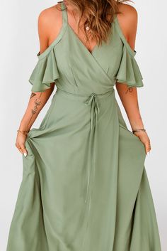 Green Cold Shoulder Flutter Sleeves Maxi Dress Green Flutter Sleeve Summer Dress, Spring Midi Dress With Flutter Sleeves In Solid Color, Solid Summer Dress With Butterfly Sleeves, Chic Summer Dresses With Butterfly Sleeves, Solid Color Flowy Midi Dress With Flutter Sleeves, Solid Color Flutter Sleeve Dress For Brunch, Spring Dresses With Butterfly Sleeves In Solid Color, Spring Butterfly Sleeve Dress In Solid Color, Solid Color Dresses With Ruffle Hem And Flutter Sleeves