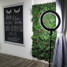 a green wall with a blackboard behind it and a camera in the foreground