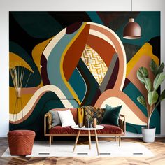 a living room scene with focus on the couch and wallpaper that has an abstract design