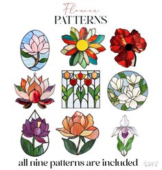 A picture of the Flowers Stained Glass Pattern Pack of 9 from GlassyRock Arts. Poppies Stained Glass Patterns, Stain Glass Flower Pattern, Stained Glass Line Art, Stained Glass Flower Patterns Free, Stained Glass Patterns Flowers, Stained Glass Flowers Patterns, Faux Stained Glass Patterns, Rose Stained Glass Pattern, Flower Stained Glass Patterns