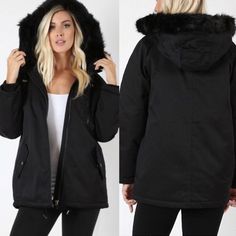 Color: Black Shell 80% Polyester 20% Cotton Lining: 100% Polyester Water Resistant Padded Parka Thick Utility Military Jacket Black Faux Fur Trim Hood W/ Drawstring Raglan Long Sleeve Ribbed Cuff And Zipper Detail Zipper Chest Pocket Snap Button Pockets Adjustable Drawstring Hem Zip Up, Zipper Closure Quilted Lining Approx. Measurements (Flat Lay): Bust: S-19 Length: S-27 * Color May Vary Due To Screen Display Setting. * Fast Shipping Same Or Next Business Day #74 Black Outerwear With Drawstring Hood For Winter, Black Parka With Adjustable Hood For Winter, Black Hooded Parka For Cold Weather, Black Winter Parka With Drawstring Hood, Black Hooded Jacket With Fleece Lining For Winter, Black Hooded Jacket For Cold Weather In Fall, Black Hooded Jacket For Cold Fall Weather, Casual Black Parka For Cold Weather, Black Winter Outerwear With Adjustable Hood