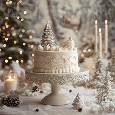 a white cake sitting on top of a table covered in snow next to christmas trees