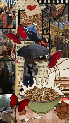 a collage of pictures with people and food in them, including an umbrella over a bowl of cereal