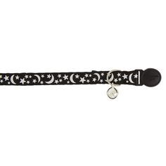 a black and white collar with stars and crescents on the collar is attached to a metal