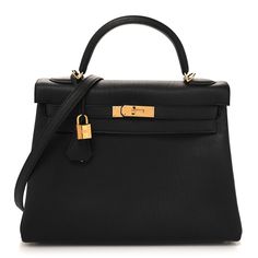 This is an authentic HERMES Togo Kelly Retourne 32 in Black. This Kelly handbag is crafted of richly textured calfskin leather in black. The bag features a reinforced leather top handle, gold plated hardware and a clochette with keys for the padlock. This bag features a strap closure with a signature Kelly turn lock. The flap opens to a matching goatskin leather interior with zipper and flat pockets. Kelly Handbag, Leather Interior, Leather Top, Top Handle, Calf Skin, The Bag, Gold Plate, Zipper, Leather