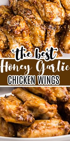 the best honey garlic chicken wings recipe on a white plate with text overlay that reads, the best honey garlic chicken wings