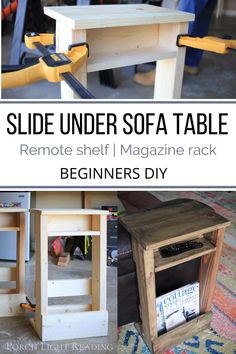 a table made out of pallets with the text slide under sofa table remote shelf magazine rack beginner's diy