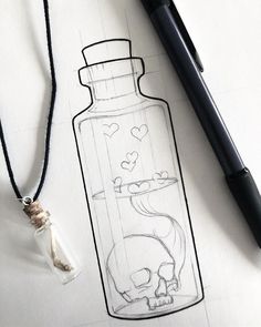 a drawing of a bottle with a skull in it next to a ballpoint pen