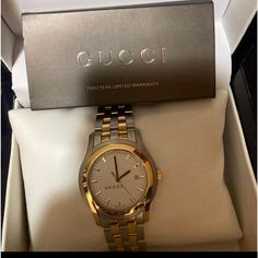 Comes Full Inclusion Gucci White Gold Watch With Polished Finish, Gucci White Gold Polished Watches, Modern Gucci Watch With Polished Finish, Gucci Luxury Gold Watch, Gucci Classic Jewelry With Diamond Hour Markers, Gucci Gold Watch For Gift, Gucci Gold Jewelry With Diamond Hour Markers, Luxury Gold Gucci Watch, Gucci Silver Watch With Polished Finish