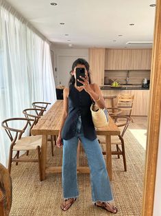 Wide Leg Jean Summer Outfit, Summer Outfits With Vest, End Of Summer Style, Late Summer Fashion, Summer Fashion 2024 Trends Casual, Casual Summer Outfit Inspo 2024, Summer Womens Outfits, Relaxed Chic Style, Linen Vest Outfit