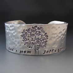 Silver Family Tree Bracelet - Hand Stamped Cuff- Personalize It - 1 inch Engraved Cuff Bracelet For Anniversary, Anniversary Engraved Cuff Bracelet, Engraved Cuff Bracelets For Anniversary, Engraved Cuff Bracelet As Gift, Engraved Cuff Bracelet Gift, Gift Cuff Bangle With Stamped Detail, Sterling Silver Hand Stamped Cuff Bracelet For Anniversary, Engraved Cuff Jewelry For Gift, Engraved Cuff Jewelry Gift