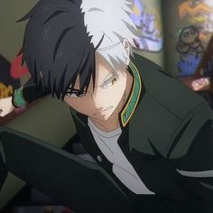 an anime character with white hair wearing a suit and green collared shirt, leaning against a wall