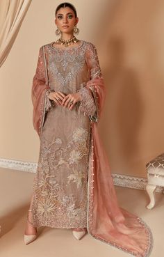 Pakistani Pink Dress in Kameez Trouser Dupatta Style is an Embellished masterpiece adorned with Embroidery, Zardosi, Dabka, Gota, and Swarovski details. Dupatta Style, Upscale Fashion, Pakistani Party Wear, Raw Silk Fabric, Pakistani Wedding Dress, Buy Dresses Online, Fabric Embroidery, Pakistani Wedding Dresses, Women Wedding Guest Dresses