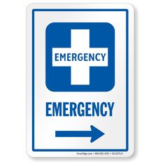 an emergency sign with the words emergency and an arrow pointing to the right, on a white background