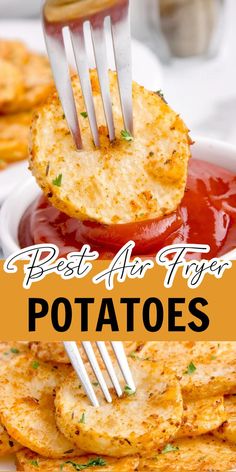 Collage of closeup shot of air fryer sliced potato being dipped into ketchup at top and closeup shot of air fryer sliced potatoes at bottom. Potatoes In Air Fryer Recipe, Potatoes In Air Fryer, Potatoes In The Air Fryer, Air Fryer Potatoes, Burger Steak, Potato Side Dishes Easy, Burger Side Dishes, Potato Slices, Air Fryer Recipe