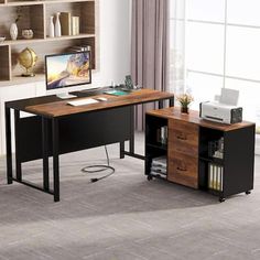 a computer desk sitting on top of a hard wood floor next to a book shelf