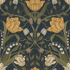 an ornate floral design with yellow flowers and green leaves on a dark, blue background