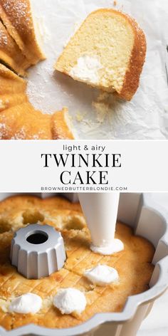 a cake with white frosting on top and a bundt cake in the middle