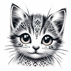 a black and white drawing of a cat's face with an intricate pattern on it