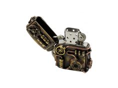 an old fashioned metal lighter with gears and wheels on it's front end, against a white background