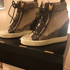 Brown, Tan And Gold Wedge Sneakers Chic Leather Wedge Sneakers, Brown Leather Wedge Sneakers, Gold Wedges, Zanotti Shoes, Giuseppe Zanotti Shoes, Wedge Sneakers, Womens Shoes Wedges, Brown Gold, Giuseppe Zanotti