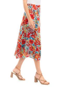 Vibrant florals flourish on this midi-length skirt from Philosophy making it the perfect addition to your spring and summer wardrobe. | Philosophy Women's Printed A-Line Midi Skirt, Small Floral Print Summer Maxi Skirt For Day Out, Printed Summer Skirt For Day Out, Summer Day Out Printed Skirt, Summer Floral Print Midi Maxi Skirt, Spring Floral Print Maxi Skirt, Floral Print Long Maxi Skirt For Spring, Floral Print Maxi Skirt For Spring Garden Party, Spring Midi Maxi Skirt For Garden Party, Summer Garden Party Flowy Skirt