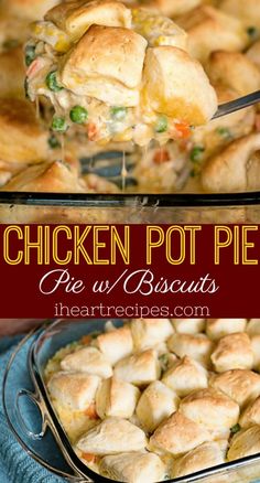 chicken pot pie in a casserole dish with biscuits