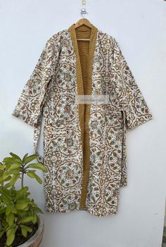 Women Wear Kantha Robes Winter Wear Kantha Jacket Quilted - Etsy Long Floral Robes For Women, Kantha Bea Gray Robe, Kimono House Coat, Luxury Cotton Bohemian Outerwear, House Coats Robe Woman, Luxury Bohemian Cotton Outerwear, Long Quilted Robe, Indian Women Gifts, Kantha Kimono Jacket