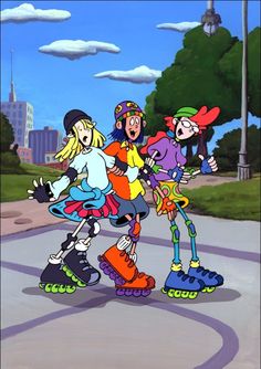 three cartoon characters riding roller skates on a city street