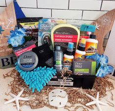 the beach gift basket is filled with personal care products and other things to put in it