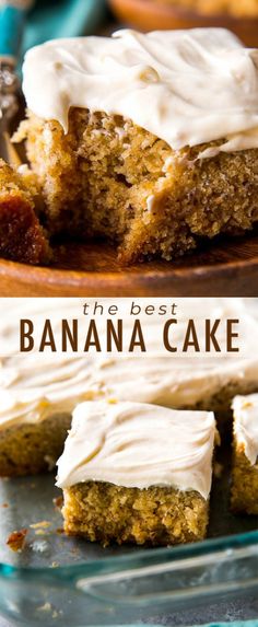 the best banana cake with white frosting is cut in half and ready to be eaten