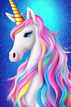 a colorful unicorn with long hair and a horn on it's head, against a blue background